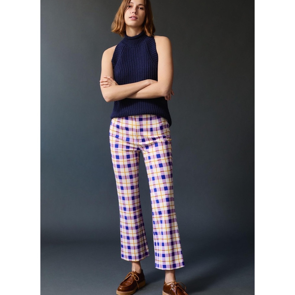 Anthropologie NWOT Maeve Susanna Flare Pants Medium Petite Crop Purple Plaid - Picture 2 of 16